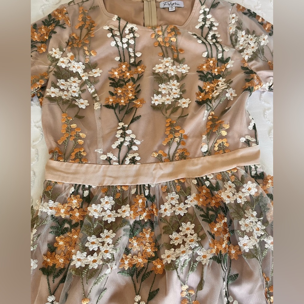 Tan Floral Appliqué Modest Dress